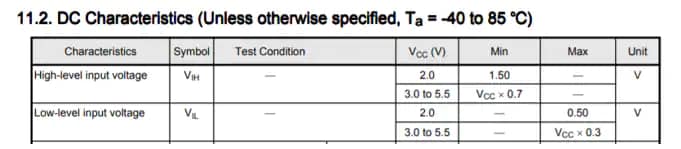 Table-1 Example of input specifications of a typical CMOS logic IC with a non-TTL input (74VHC240)