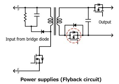 The illustration of application circuit example of 100 V N-channel power MOSFET products for industrial equipment, featuring industry’s lowest level On-resistance: TPH3R70APL, TPN1200APL.