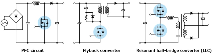 The illustration of application circuit example of new generation 600 V planar power MOSFET π-MOSIX series products: TK750A60F, TK1K2A60F, TK1K9A60F, TK650A60F.