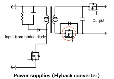 The illustration of application circuit example of a low spike product in our 60 V N-channel power MOSFET U-MOSIX-H series that helps reducing EMI of power supplies: TPH1R306P1.