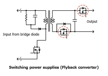 The illustration of application circuit examples of expansion of the lineup of 80 V N-channel power MOSFETs with the adoption of a new process that helps to improve the efficiency of power supplies : TPH2R408QM, TPH4R008QM, TPN8R408QM, TPN12008QM.