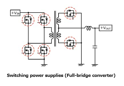 The illustration of application circuit examples of expansion of the lineup of 80 V N-channel power MOSFETs with the adoption of a new process that helps to improve the efficiency of power supplies : TPH2R408QM, TPH4R008QM, TPN8R408QM, TPN12008QM.