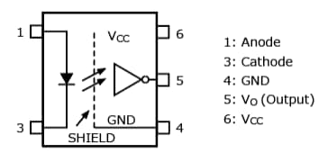 The illustration of pin configuration of Toshiba has launched IPM-drive photocoupler in thin, compact 5pin SO6 package, helping downsizing equipment: TLP2304.