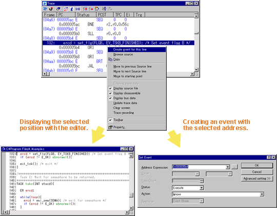 Example of Linking from the Trace Window to Each of the Windows