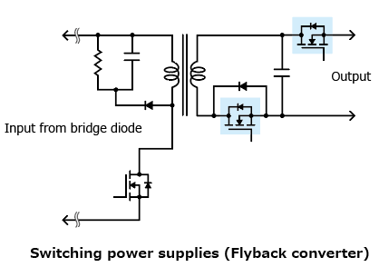 The illustration of application circuit examples of expansion of the lineup of 80 V N-channel power MOSFETs with the adoption of a new process that helps to improve the efficiency of power supplies : TK2R4E08QM, TK3R3E08QM, TK5R3E08QM, TK7R0E08QM, TK2R4A08QM, TK3R2A08QM, TK5R1A08QM, TK6R8A08QM, TK5R1P08QM, TK6R9P08QM.